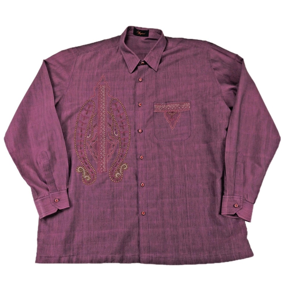 La Jaykard Mens Purple Embroidered Long Sleeve Button‎ Down Shirt Size XL Plum